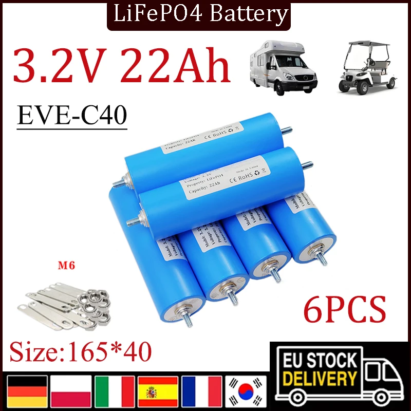 6PCS Grade A 3.2V 22Ah Rechargeable LiFePO4 Battery, DIY, Electric Bicycle, Motorcycle, Power Tools, Cylindrical, 3.2V, 12V, 24V