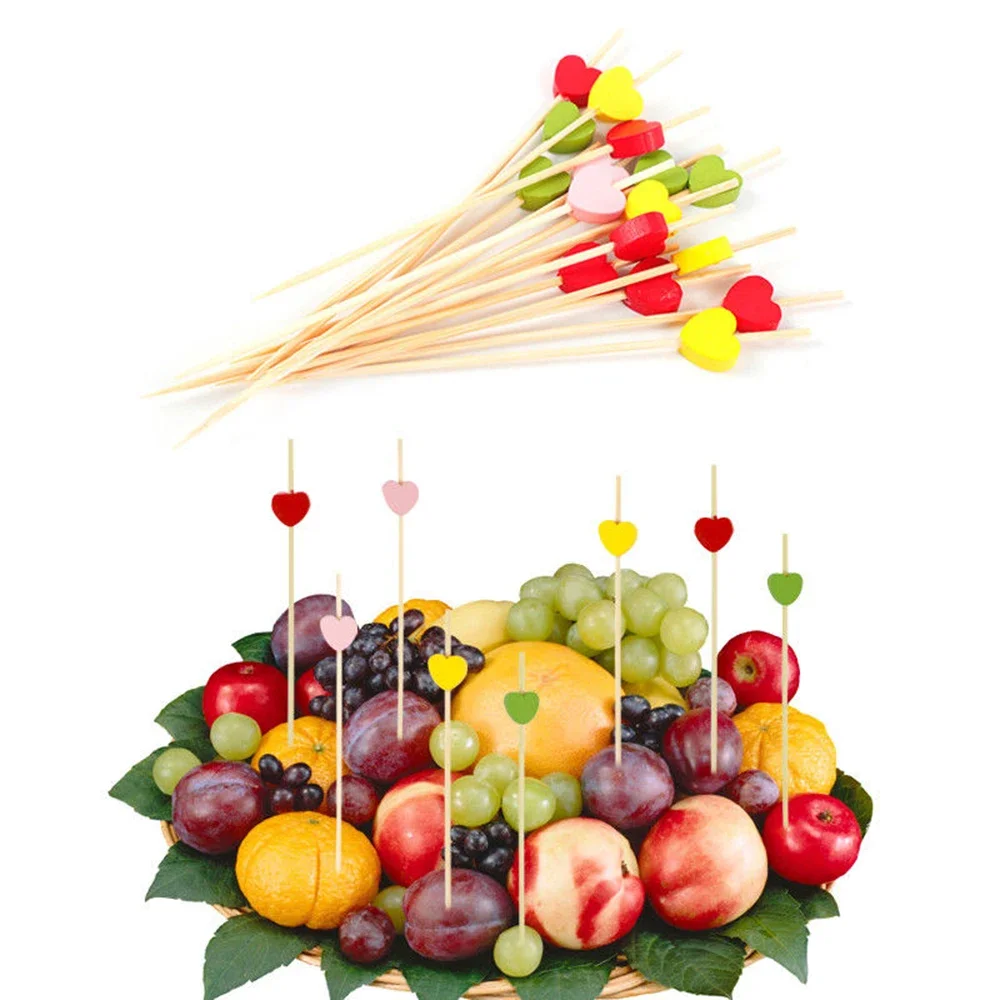 100pcs 12cm Heart Flower Bamboo Pick Buffet Cupcake Fruit Fork Party Dessert Salad Stick Cocktail Skewer for Wedding Decor