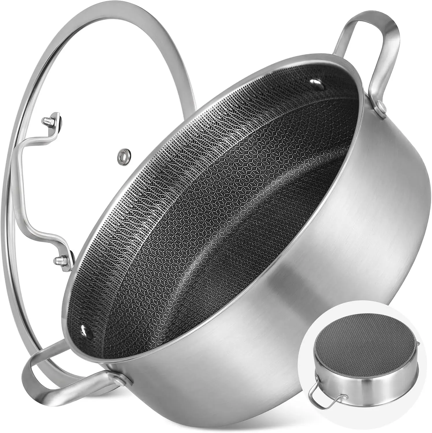

7 QT Large Deep Frying Pan with Lid, 12 Inch Nonstick Triply Stainless Steel Skillet, Ceramic Hybrid Honeycomb Cookware – Oven & Induction Ready
