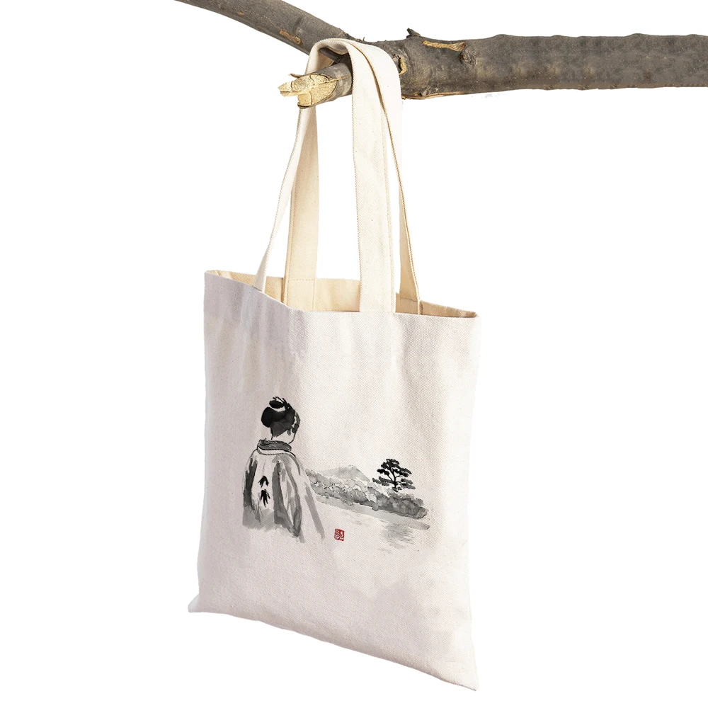 Black and White Ink Wall Pictures Chinese Landscape Women Shopping Bags Reusable Double Print Casual Canvas Shopper Bag Tote