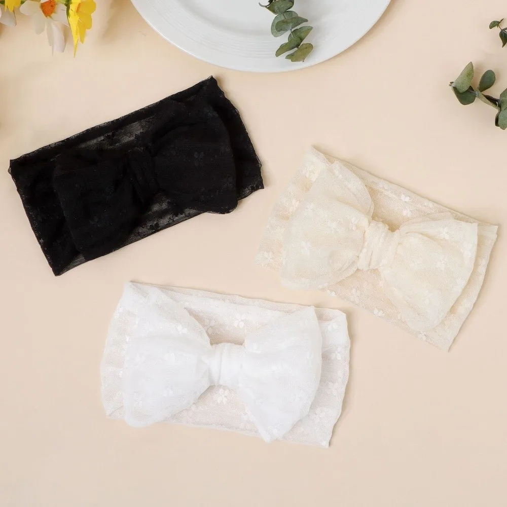 

Soft Breathable Baby Headband High Elasticity Flowers Embroidery Bow Headband Solid Color Lace Mesh Headband Hair Accessories