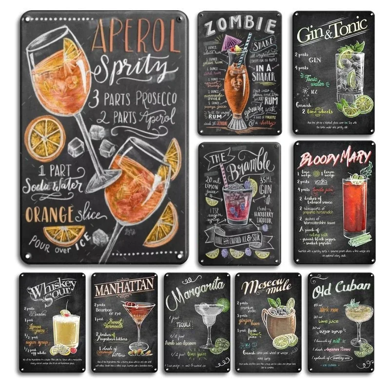 Juego de Letreros Metálicos Vintage con Recetas de Cócteles, Decoración de Pared con Pintura en Hierro Retro de Aperol Spritz, Gin Tonic, Bloody Mary para Bar o Pub