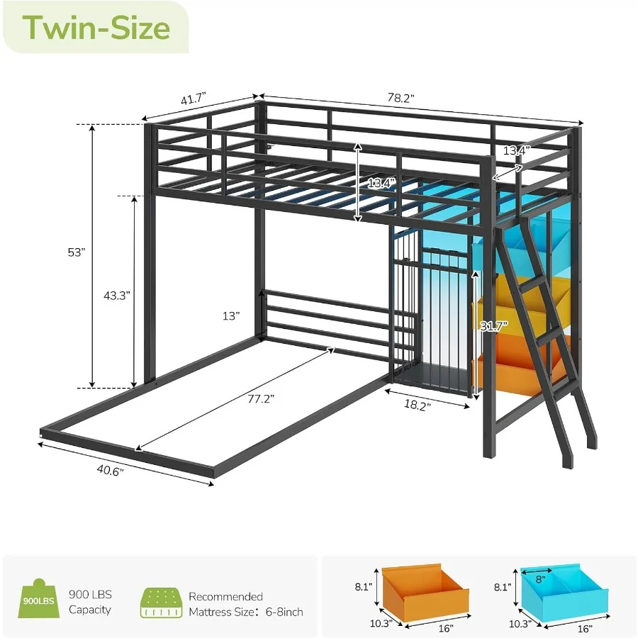 Teens Twin Over Twin Bunk Bed with Metal L-Shaped Frame, Gray Finish, Large Toy Storage Organizer and 3 Bins, LED Lights, 13.4