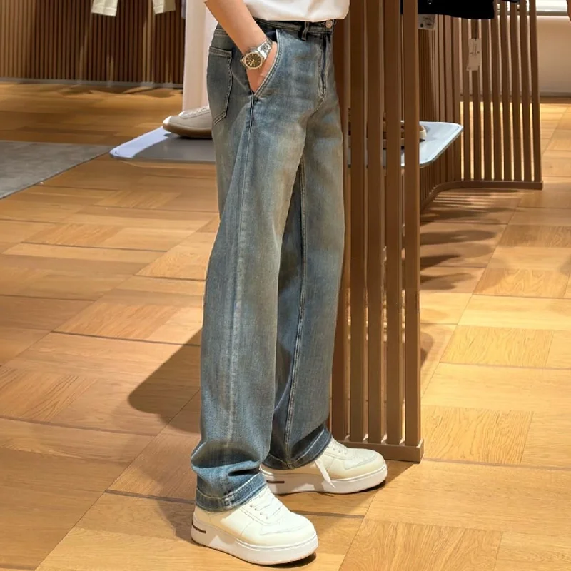 

Spring 2026 High-End Vintage Waed Blue Wide Leg Straight Cut Men's Jeans Loose Luxury Simple Long Trousers Trendy