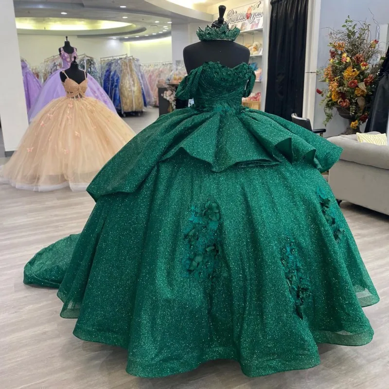 

Emerald Green Shiny Quinceanera Dresses Ball Gown Applique Crystal 3DFlower Sweet 16 Dresses Birthday Party vestidos de