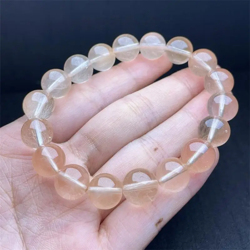 9MM Natural Pink Rabbit Hair Quartz Bracelet Women Trendy Reiki Healing Elastic Yoga Energy Jewelry Gift 1PCS