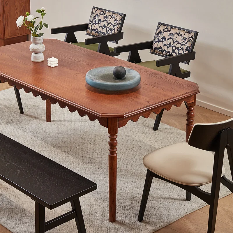 Medieval style 1.5 meters solid wood dining table and chairs, French retro light luxury rectangular table, living room home