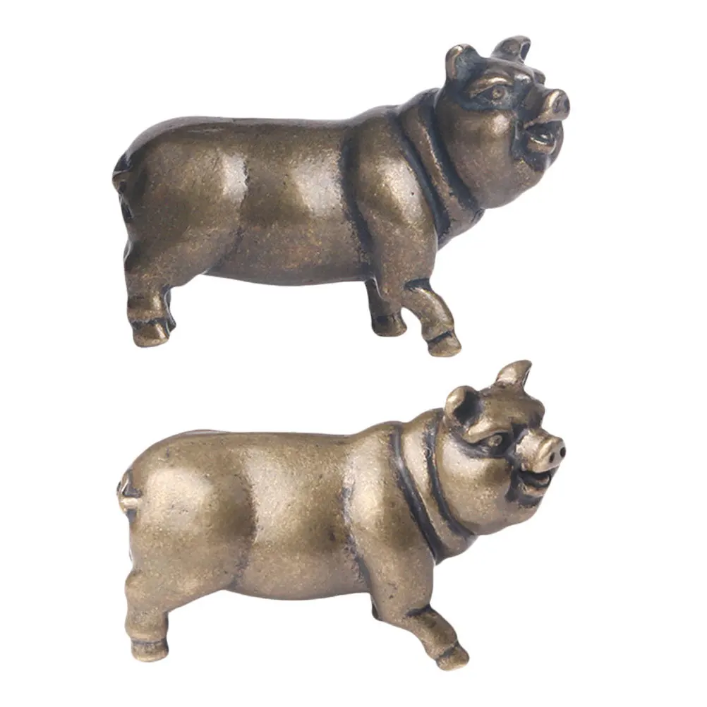 

2pcs Small Pig Figurines Brass Old Treatment Design Desktop Decor Vintage Style Pig Statue Craft Brass Adornments For