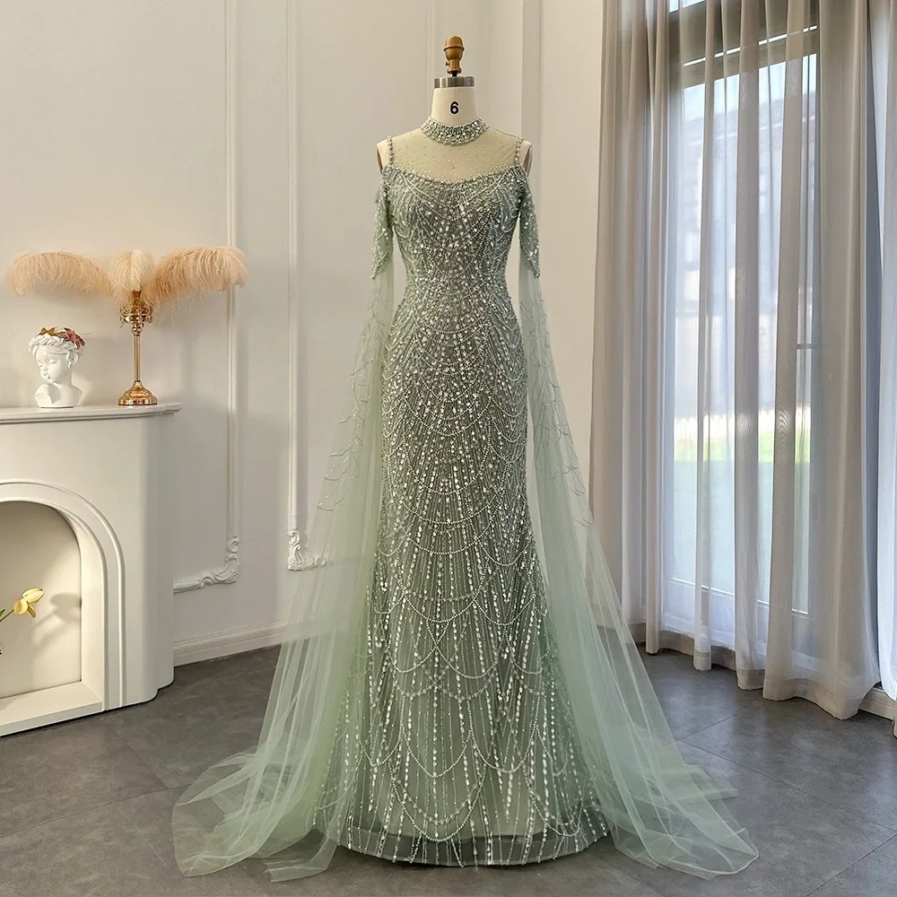 Women's High End Luxury Evening Dress Elegant Off Shoulder Floor Mopping Sheer Sleeves Prom Gown Full Body Beading Design Dress