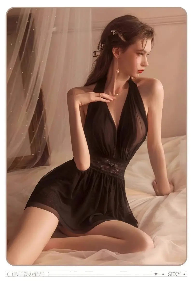 Sexy Off-shoulder Chiffon Lingerie, Deep V-neck Backless Dress, Pajamas, Uniforms, Sheer Nightgowns, Temperament Lingerie. image 6