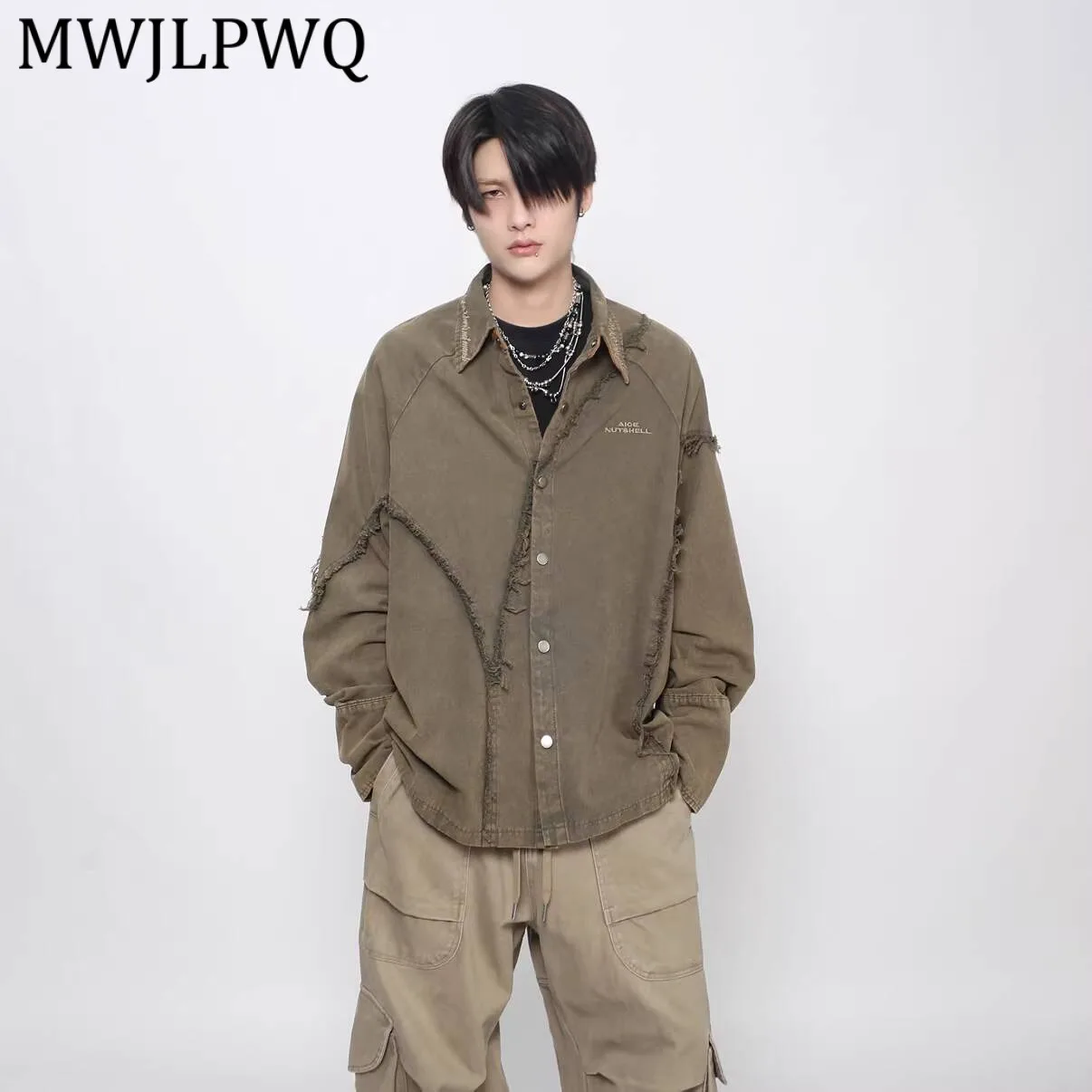 

MWJLPWQ Heavy-Duty Distressed Fringed Patchwork Long-Sleeve Denim Shirts Men's Spring Autumn Design Loose Embroidered Tops 13860