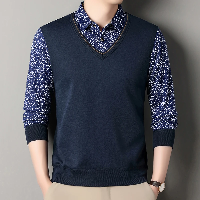 2025 الخريف الرجال الصوف معطف شتاء الرجال وهمية قطعتين بلوفر قطيفة قميص طوق سميكة محبوك سترة الذكور لاعبا غير رسمية