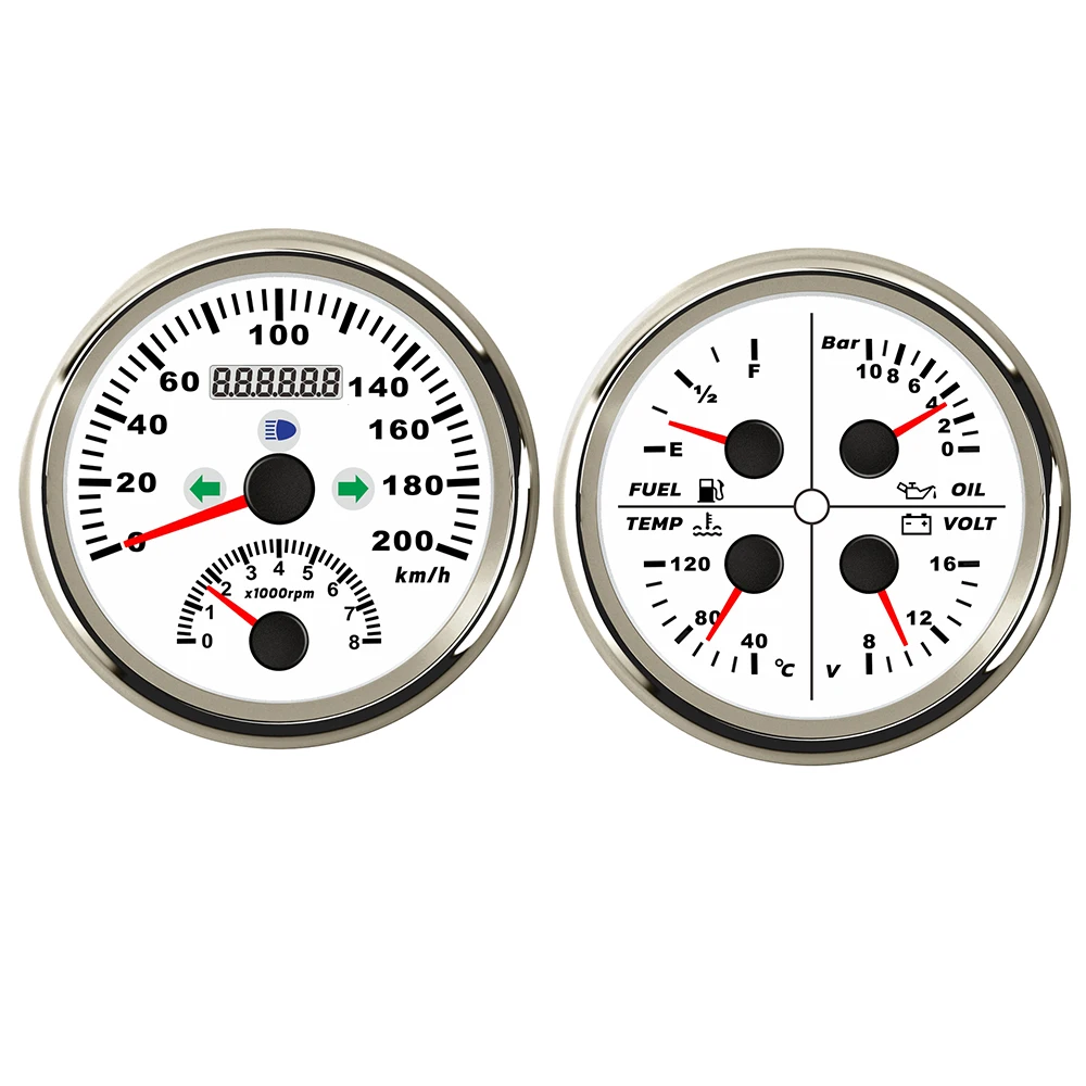 ELING 2 Gauge Set 85mm GPS Speedometer 0-200km/h with Tachometer 0-8000RPM and 4 in 1 Fuel Level Water Temp Oil Press Voltmeter