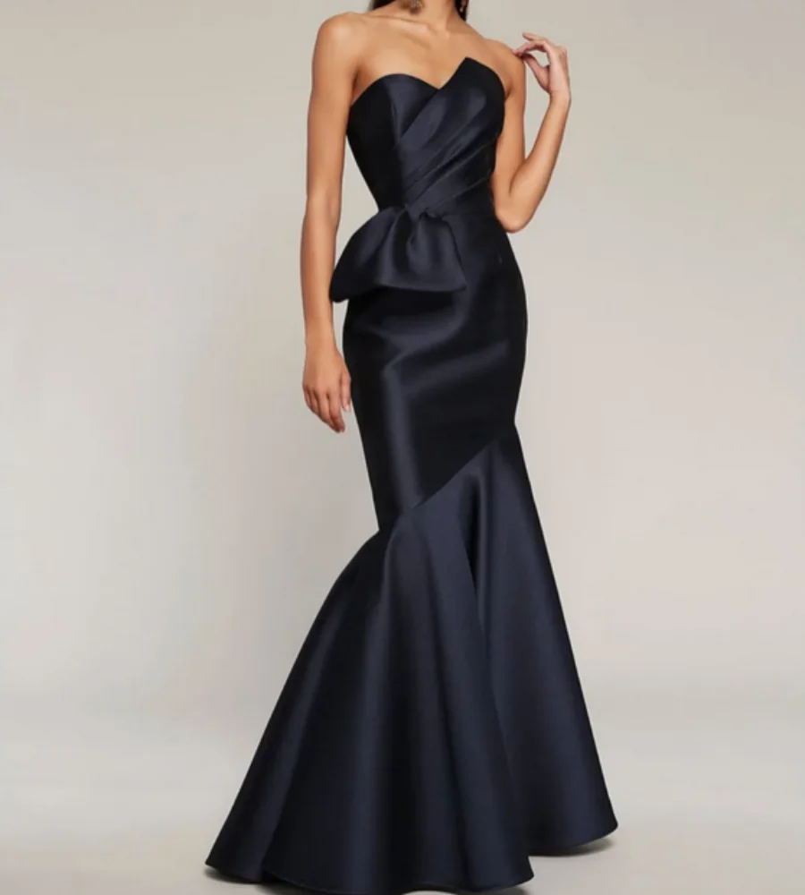 OUSIRUI Back Pleated Watteau Train Evening Dress for Women Elegant Long Black Sweetheart Prom Dresses Mermaid Satin Zipper