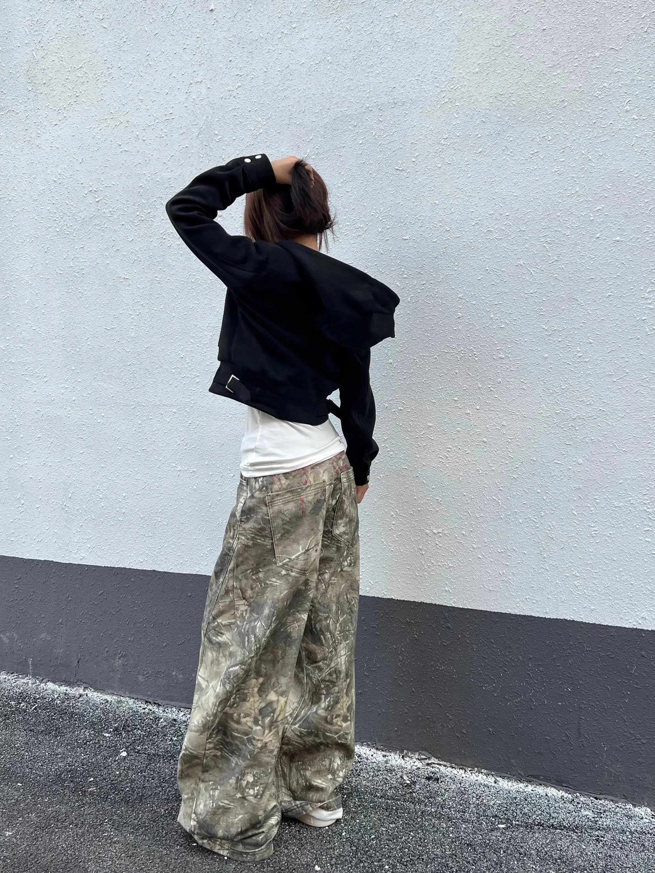American Vintage Washed Camouflage Embroidered Branch Casual Pants Men Women Universal Wide Leg Straight Cut Jeans