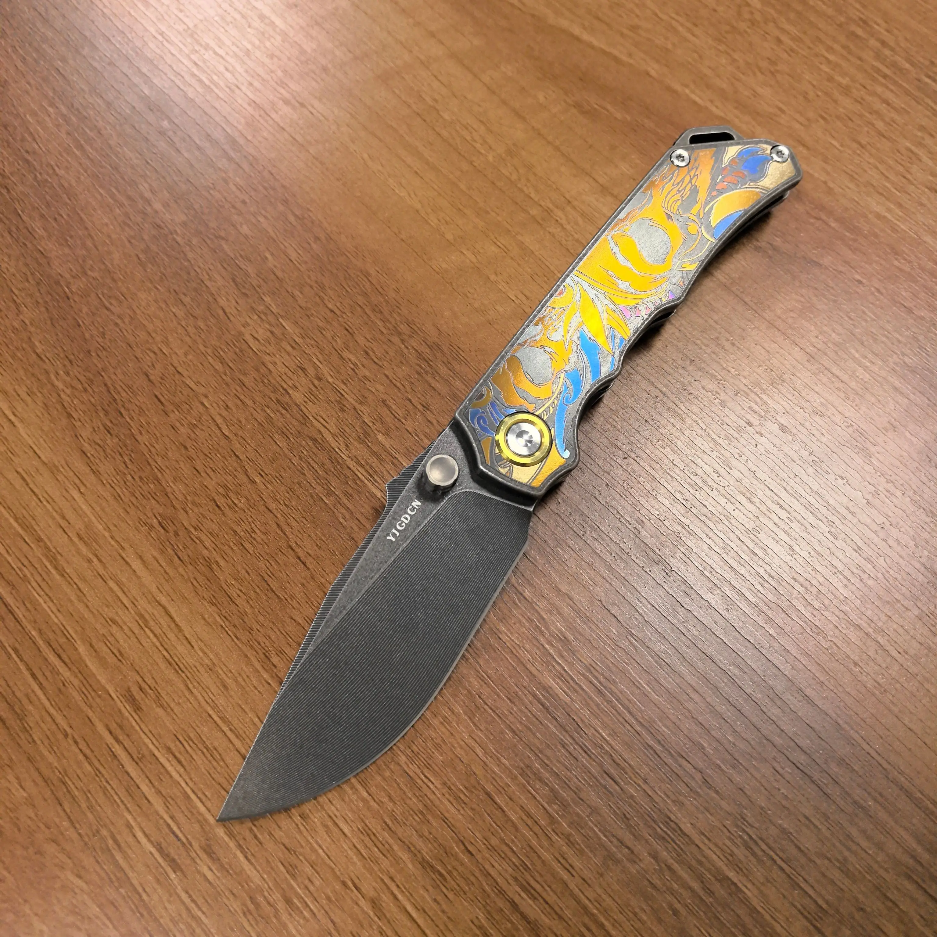 YJGDCN EDC Folding Pocket Knife, TC4 Titanium Handle Golden Skull Dragon Engraving, Outdoor Fruit Knife 2524