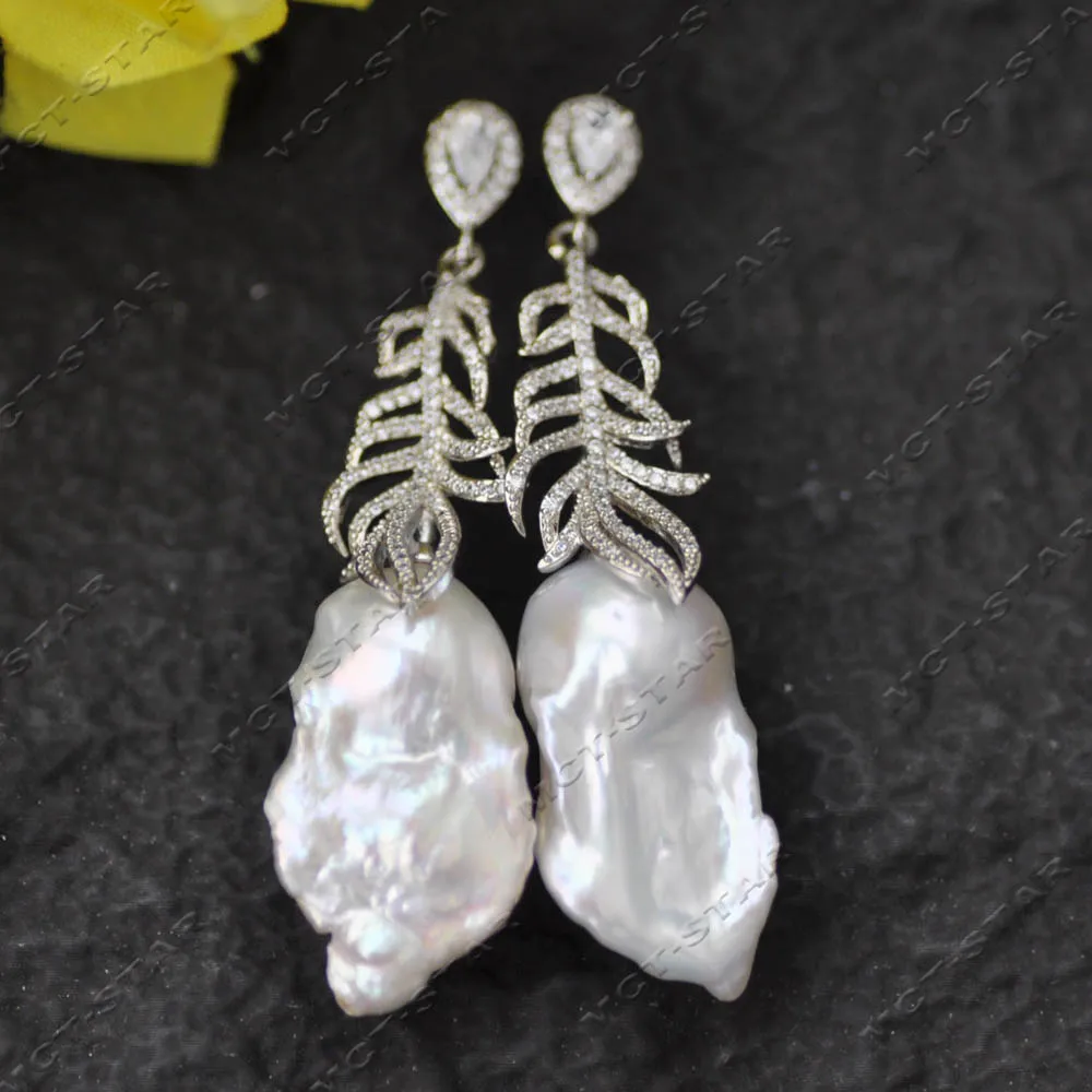 Z13976 28mm White Baroque KESHI Reborn Pearl Feather CZ Dangle Earring Custom Jewelry Earrings 