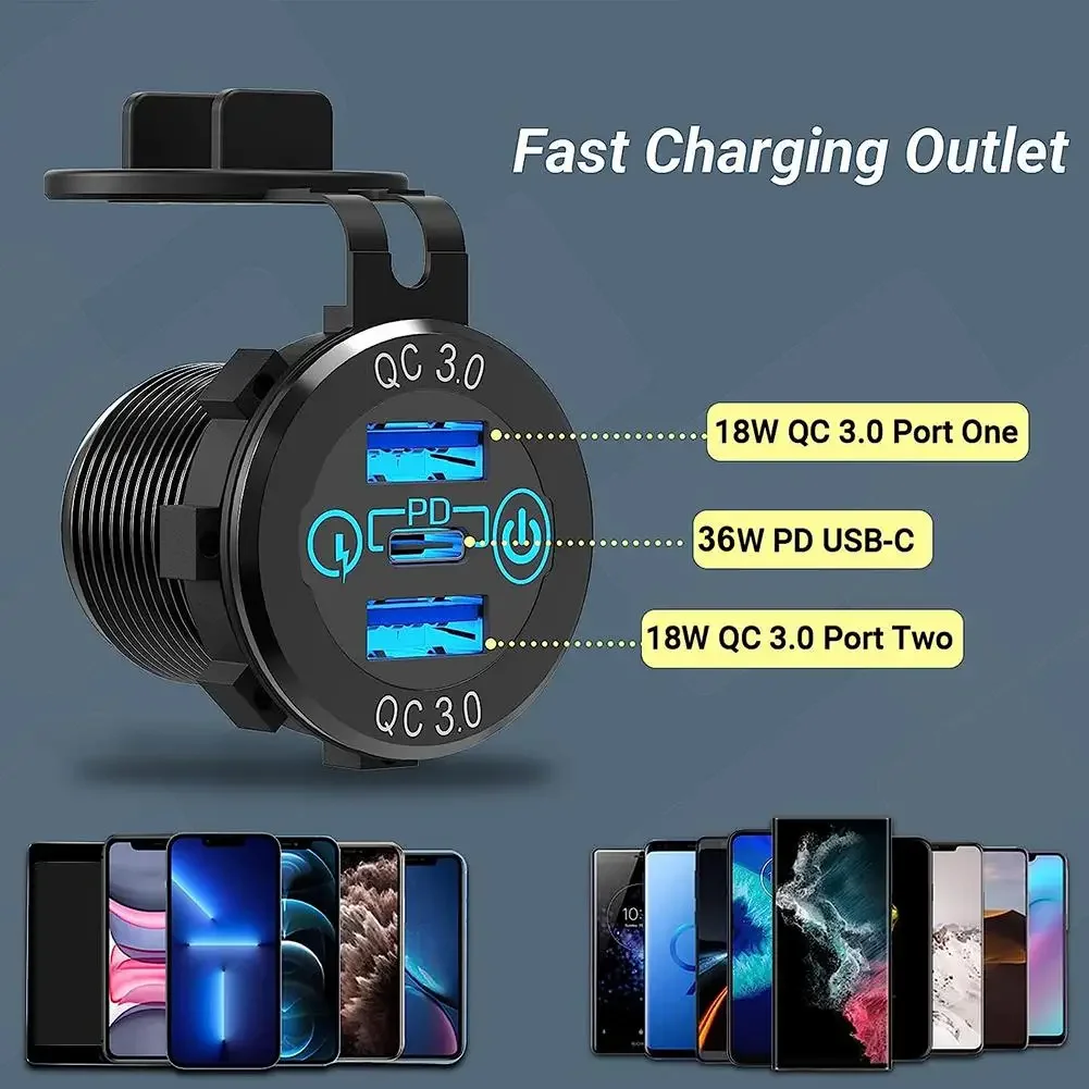 36W USB-C PD QC- 3.0 USB Charger With Digital Voltmeter Switch Socket Power Outlet Adapter Waterproof 12V 24V Car Truck