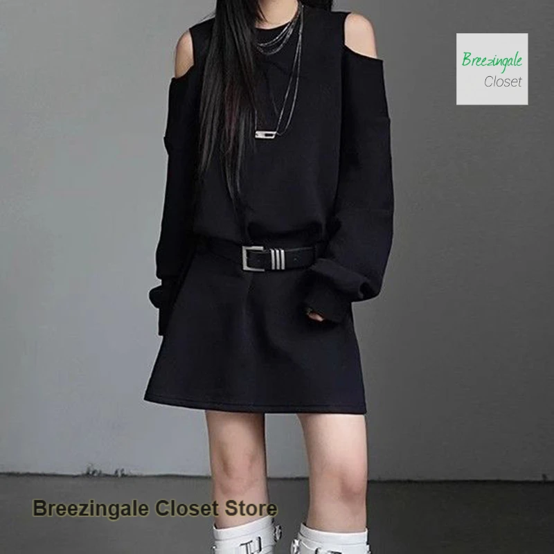 

Korean-style grey casual off-the-shoulder dress Women's waist is slim in spring and autumn. Small long-sleeved sweater skirt.