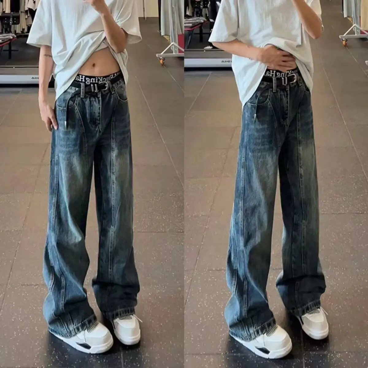

New Fashion 2026 Luxury Washed Micro-pull Jeans Men's Retro Scimitar Design Splicing Straight-leg Flare Denim Wide Pants Jeans