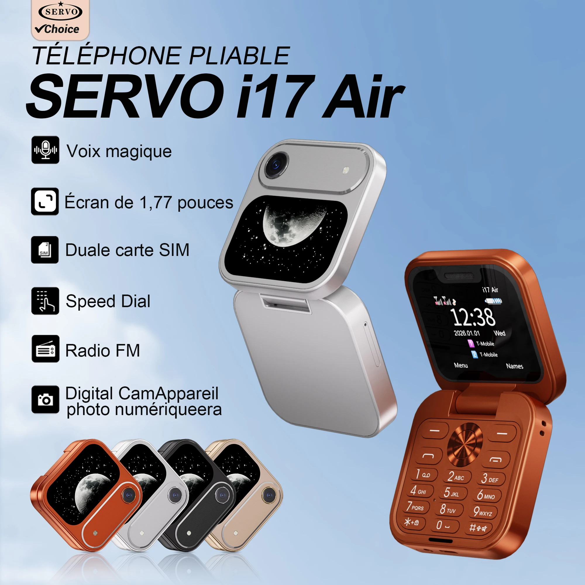 SERVO I17 Air Mini Téléphone portable à clapet avec numérotation rapide, écran 1,77'', voix magique, 2G GSM, double carte SIM, liste noire, radio FM