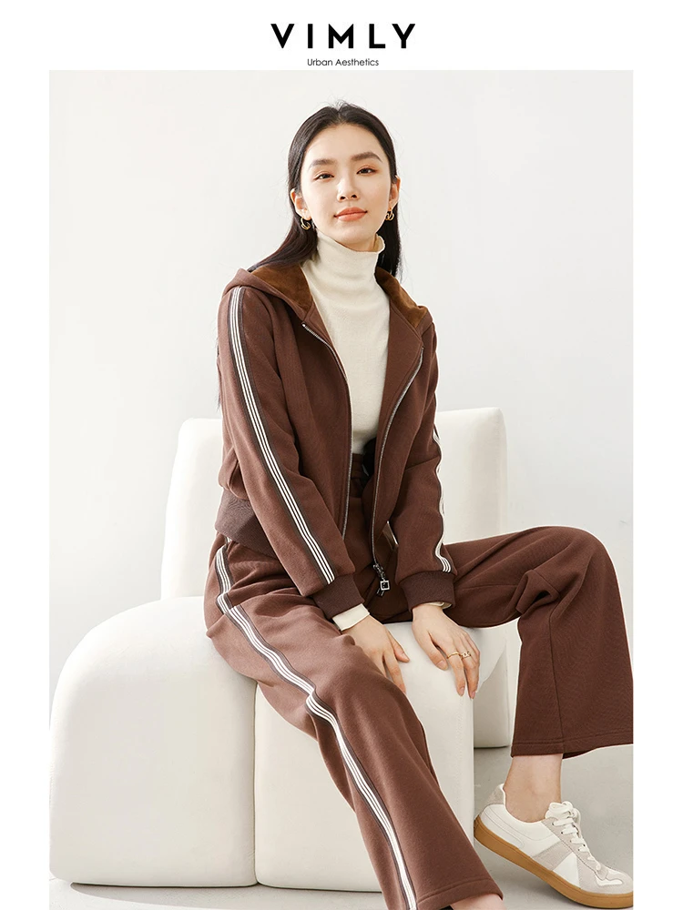 Vimly 2 Piece Sweat Pant Sets for Women 2023 Autumn Winter Sports Tracksuit Hooded Zipper Short Jackets Straight Pants M3585