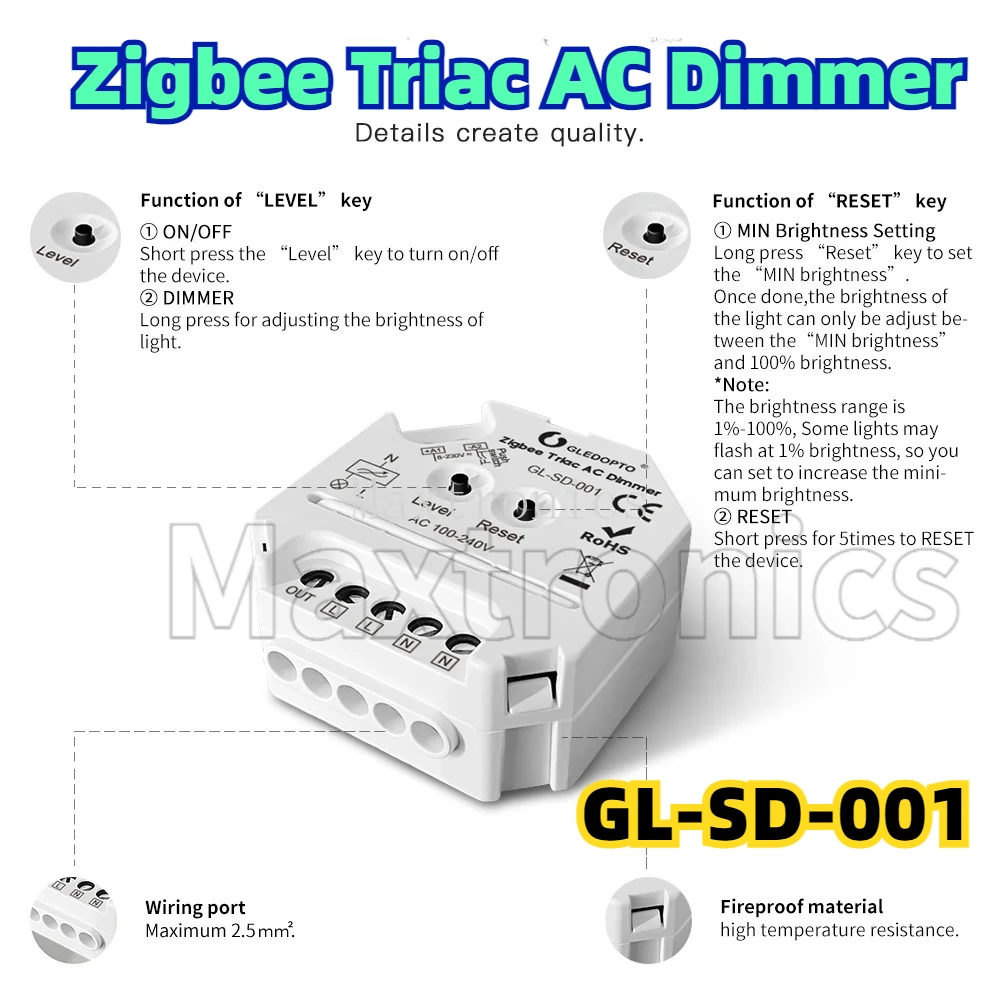Zigbee 3.0 Triac AC Dimmer GL-SD-001 Mini Smart Light Dimmer 220V Dimmable Push Switch Module Compatible 2.4G RF Remote Control