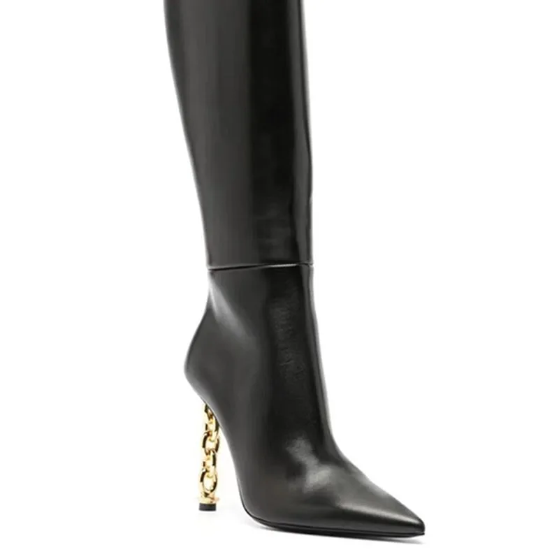 Gold Unique Heels Women Thin-Heeled Solid Knee High Boots Pointed Toe Stiletto Slip On Long Booties Big Size 44 Shoes