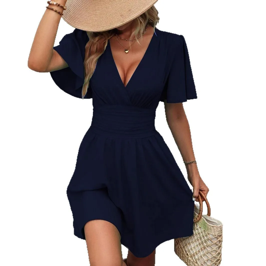 Gathered V Neck Dress a Line Midi Length with Ruffle Sleeve Pullover Elegant and Refined Summer Pleated Dresses for Women