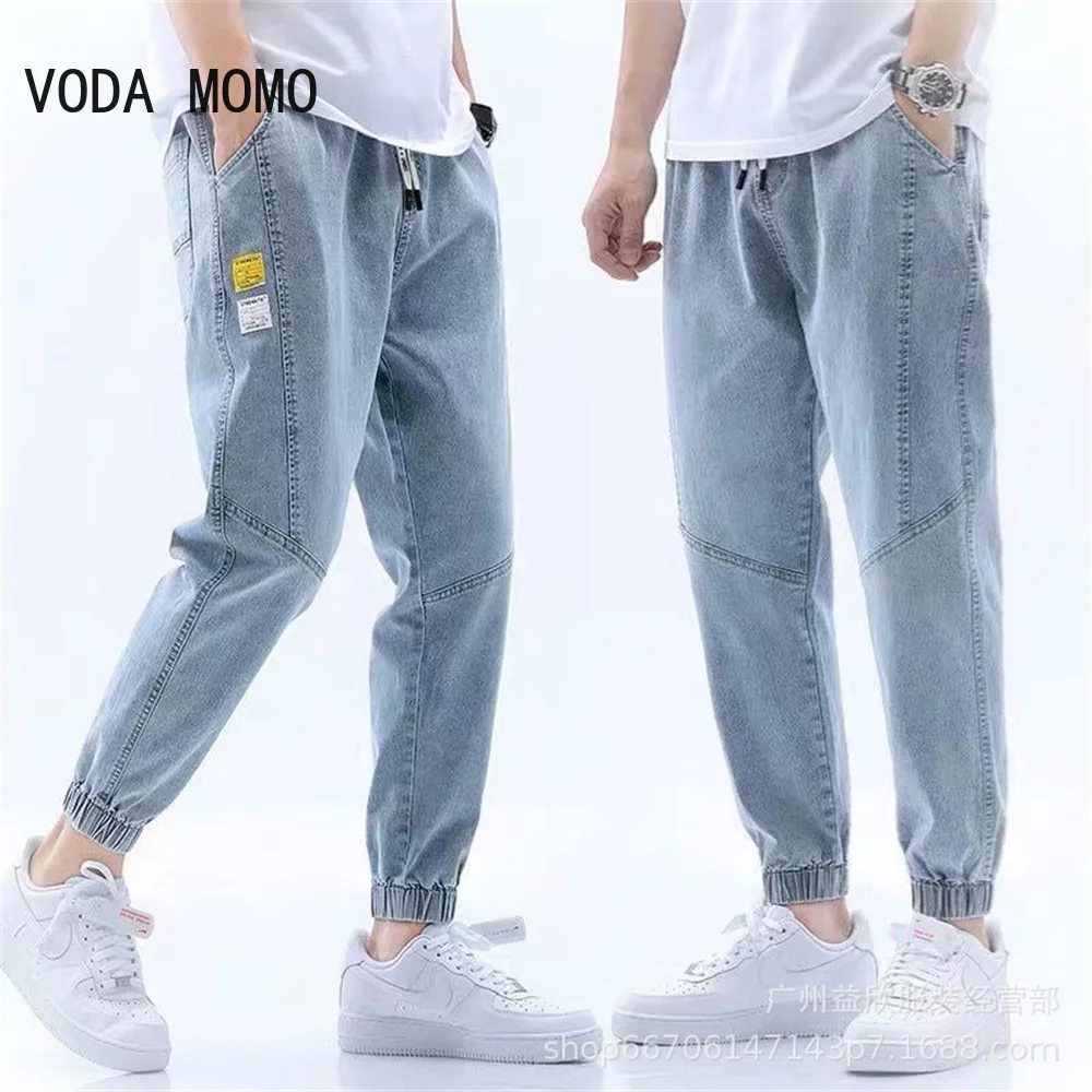 2024 Summer Men\'s Jeans Jogger Thin Harem Pants Cotton Banded Pant Korea Style Light Blue Hip Hop Beam Feet Casual Trousers Male