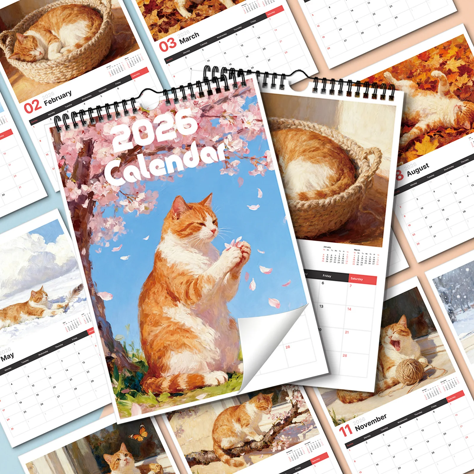 Calendario a tema gatto arancione 2026 da 1 pezzo, adatto per display da parete e visualizzazione delle date, perfetto per gli amanti dei gatti, un bel regalo a tema animali domestici