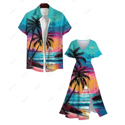 Women's Dresses And Men's Plus Size Matching Hawaii Beach Outfit For Couples Coconut Tree Sea Sunset Cloud Colorblock Printed