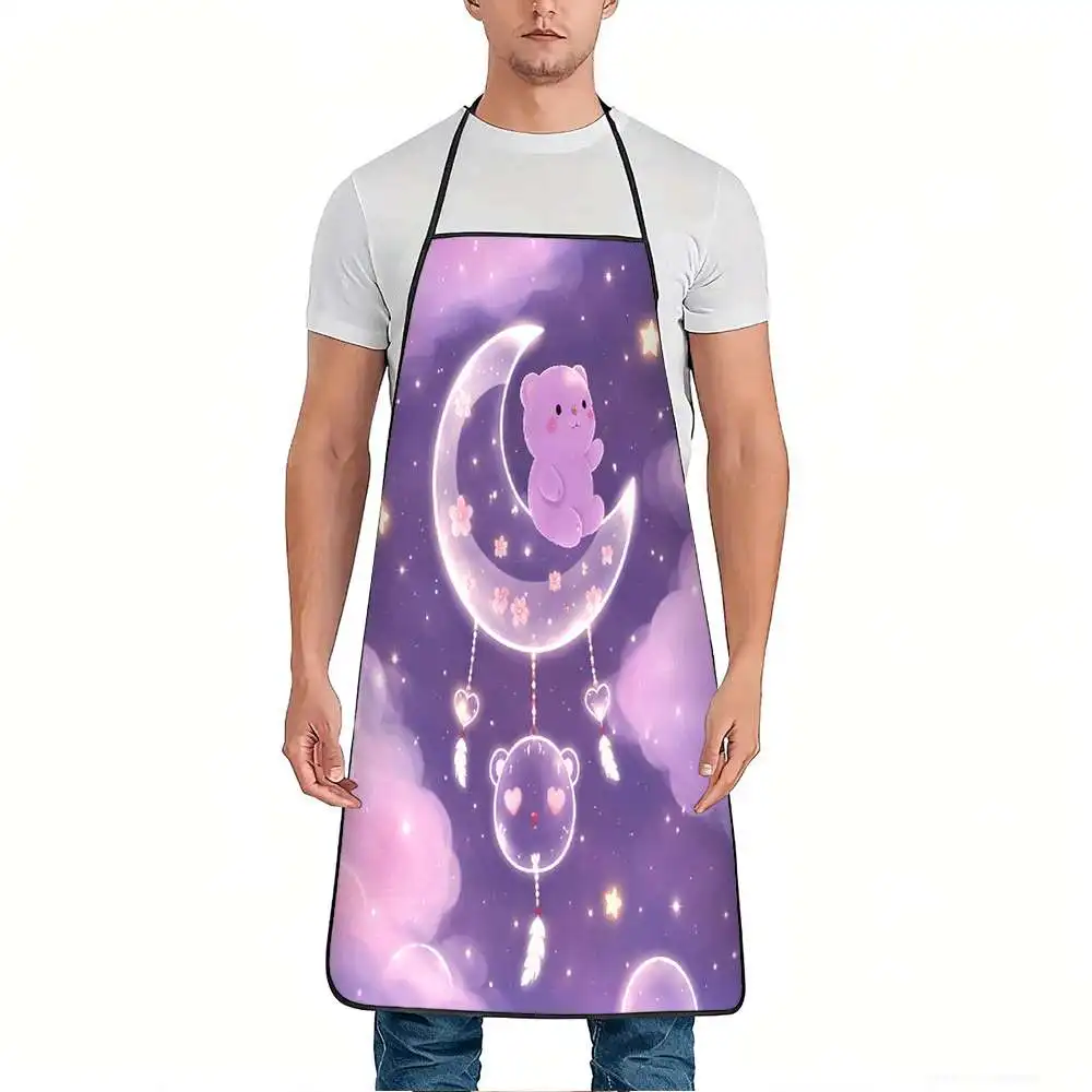 1pc Purple Bear Moon Dream Print Apron, Durable and Easy to Clean, Adjustable Waistband, Polyester Material, for Kitchen Cooking