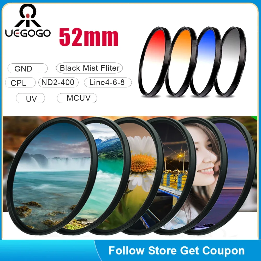 UEGOGO 52mm Filter Gradient GND Red GrEy CPL/UV/MCUV ND2-400/Soft Focus Black Mist Diffusion Star Line 4 6 8 Camera Lens Filter