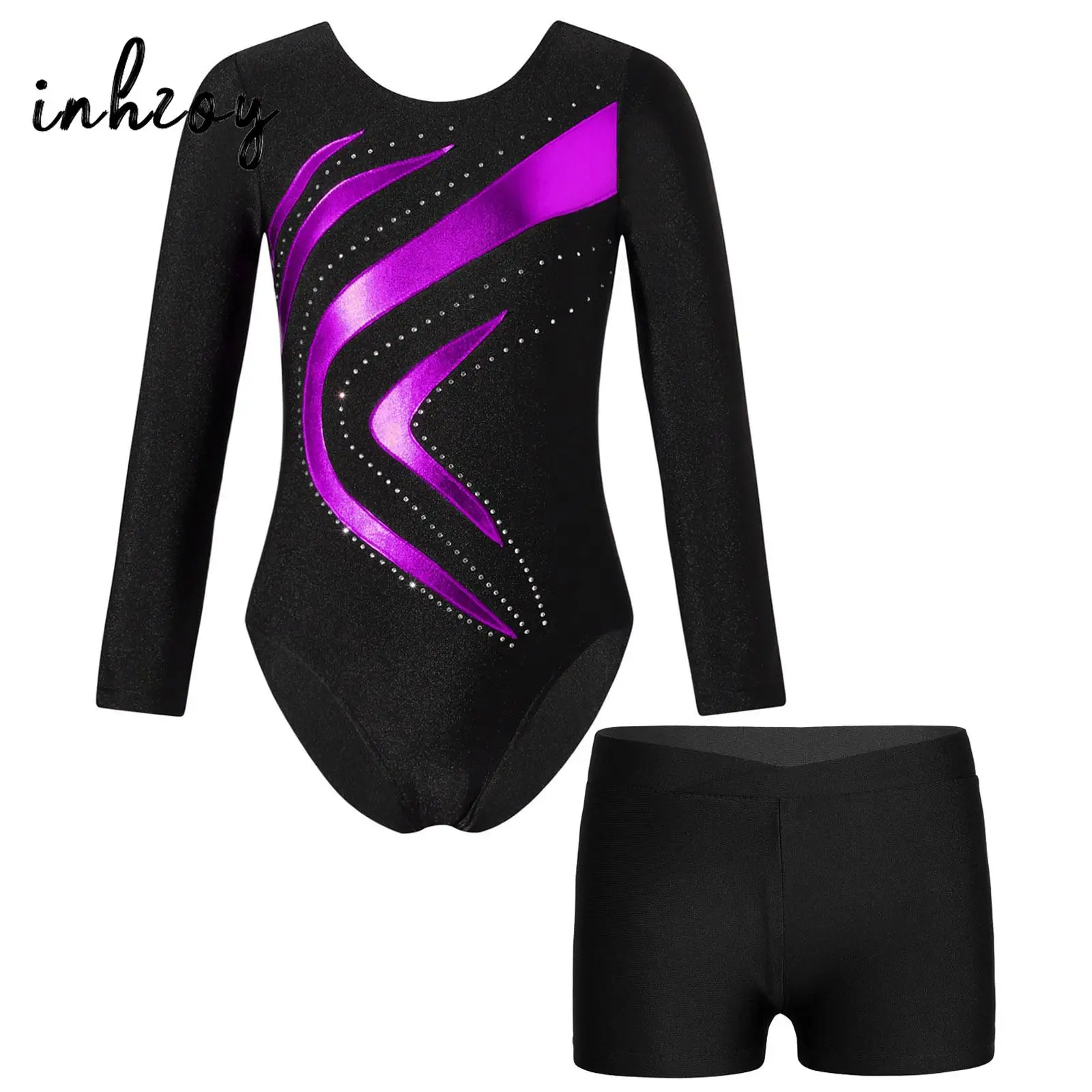 

Детские комплекты для балета и танцев для девочек, гимнастическая одежда для тренировок, танцевальная одежда, спортивный костюм, купальник со стразами и шортами, костюмы