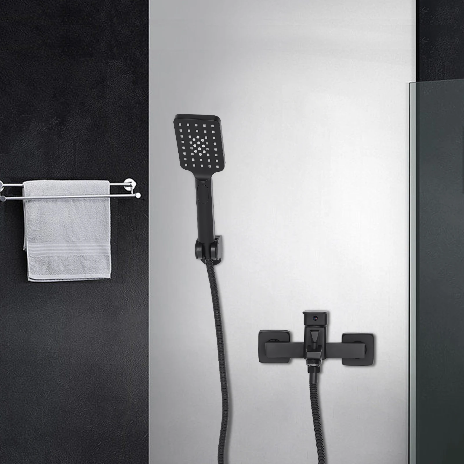 Modernes, stilvolles Duschset, Beschläge, Badewannenarmatur, Wandhalterung mit Handbrause, Schwarz, mit Handbraze – Detail 5