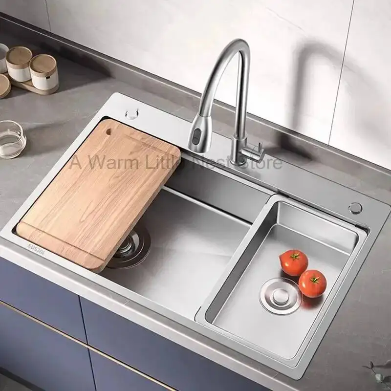 

Серебристые кухонные принадлежности: Современная кухонная мойка из нержавеющей стали, большая одинарная чаша, утолщенная, с боковым сливом, для мытья посуды, размер L