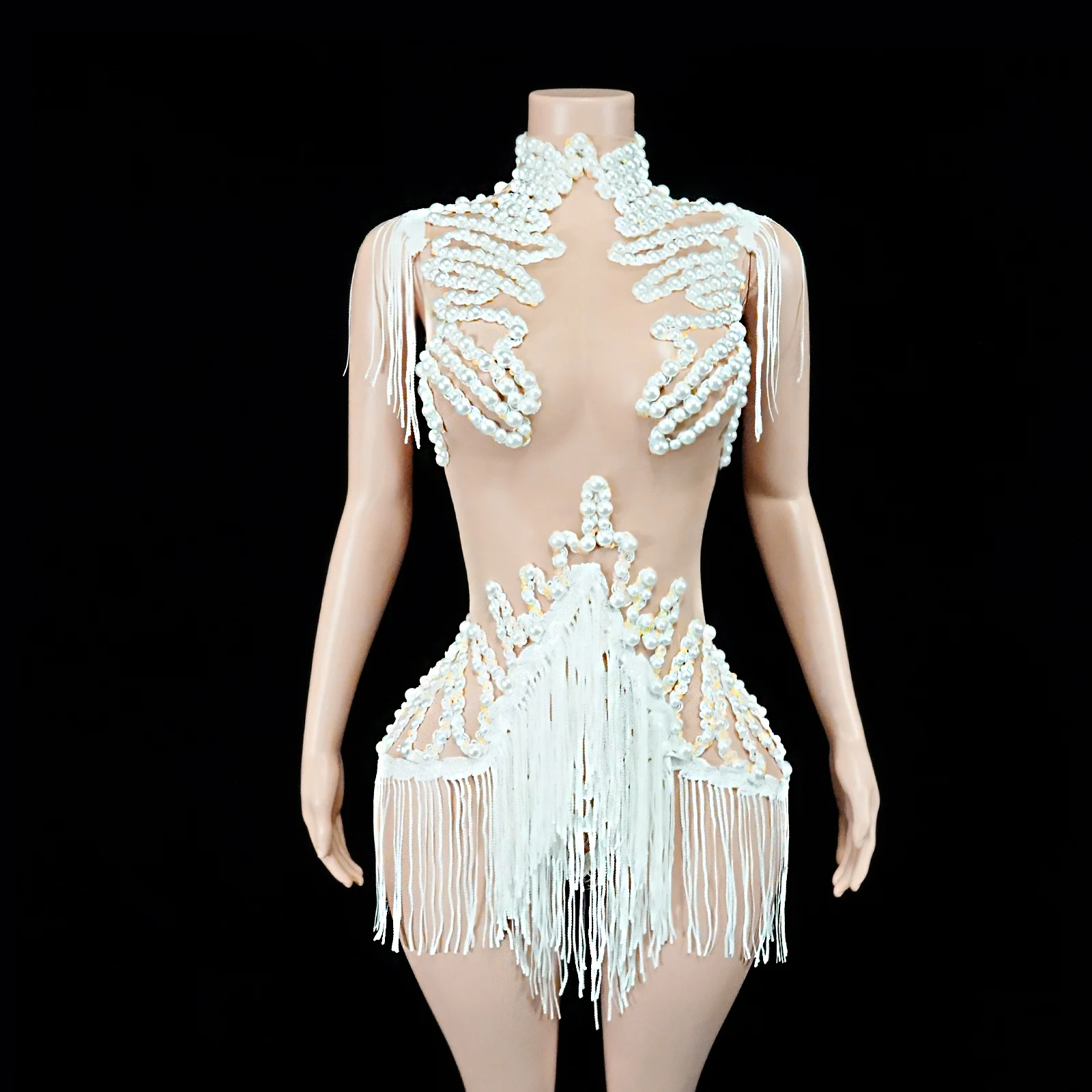 

Sparkling Sequins Tassels Tightfitting Jumpsuits Female Seethrough Showgirl Party Nightclub Stage Performance Drag Queen Costume