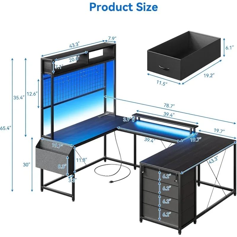 

Desk with Monitor Stand and LED Light, Gaming Table with Storage, Large Computer Table with Power Outlets,