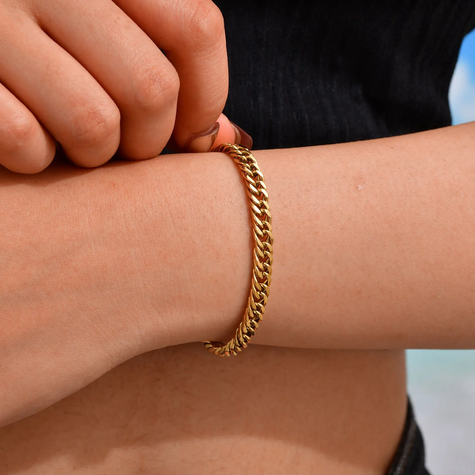 Vnox Simple Women's Stainless Steel Link Chain Cuban Bracelets With Fold Over Clasp Stainless Steel Jewelry Length 16.5cm