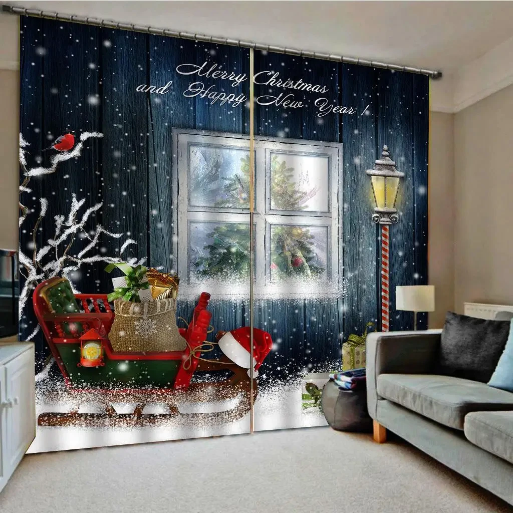 

Happy New Year Christmas Red Hat Sleigh Window Curtain For Kids Bedroom Living Room Bathroom Kicthen Door Hall Home Decor 2Pcs