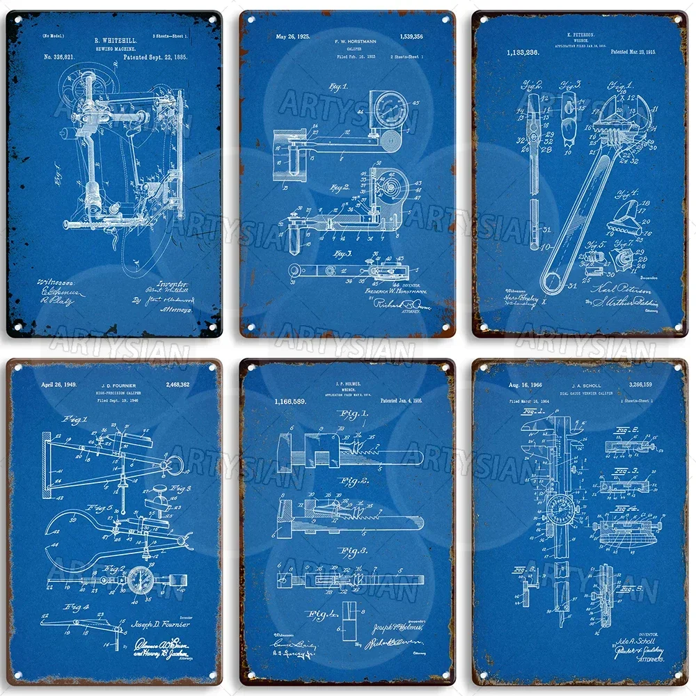 Garage Workshop Tool Patent Metal Sign Carpet Cleaner Water Wheel Governor Vernier Caliper Anvil Vise Screw Wrench Microscope