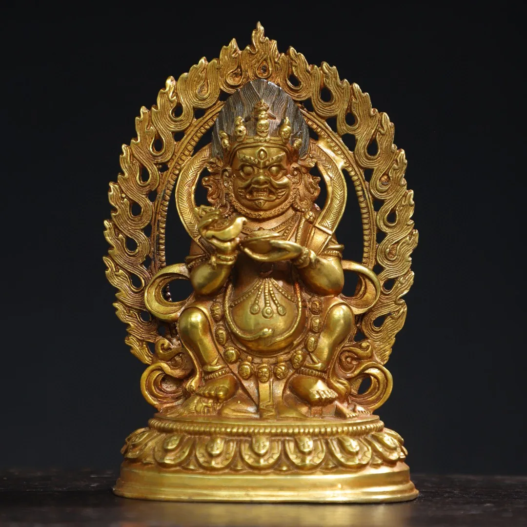 Tibetan old brass gilt backlight big black sky King Kong hand Buddha statue ornament of God of Wealth Home Hall supplies 17cm