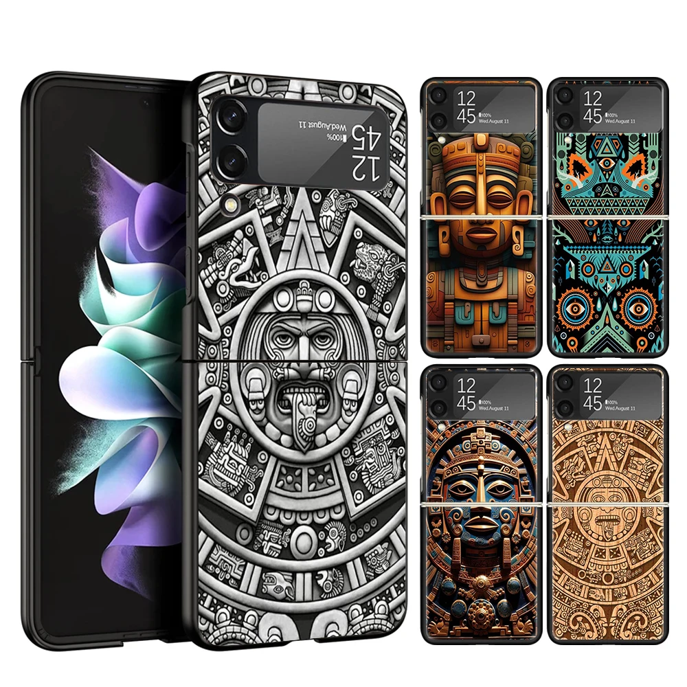 Mayan Stone Totem Pole Phone Case For Samsung Galaxy Z Flip 6 5 4 3 5G Black Cover ZFlip6 ZFlip4 ZFlip5 ZFlip3 Coque Fundas Bump