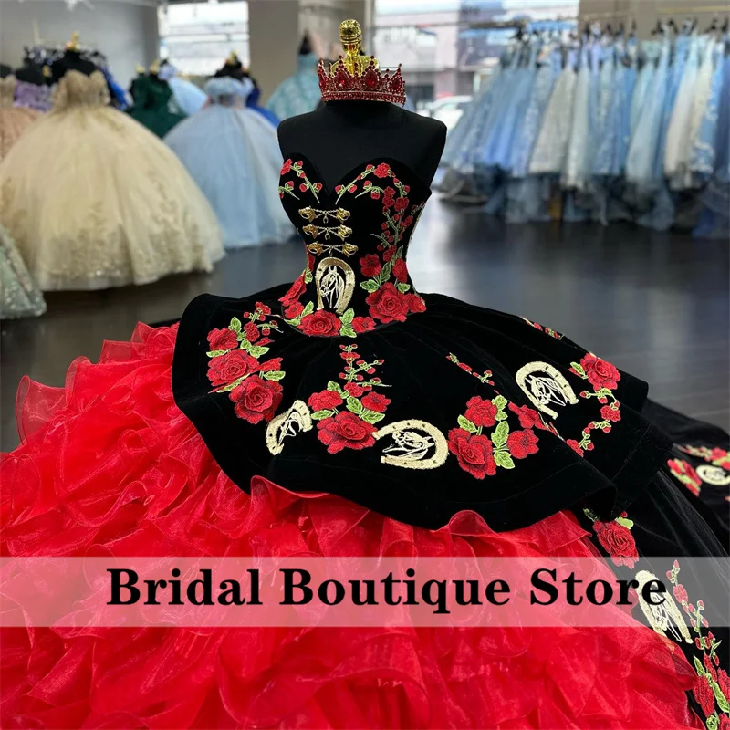 Mexican Red Ball Gown Quinceanera Dresses Sweet 16 Dress Flowers Horse Embroidery Appliques Crystal Wedding Gown Customized