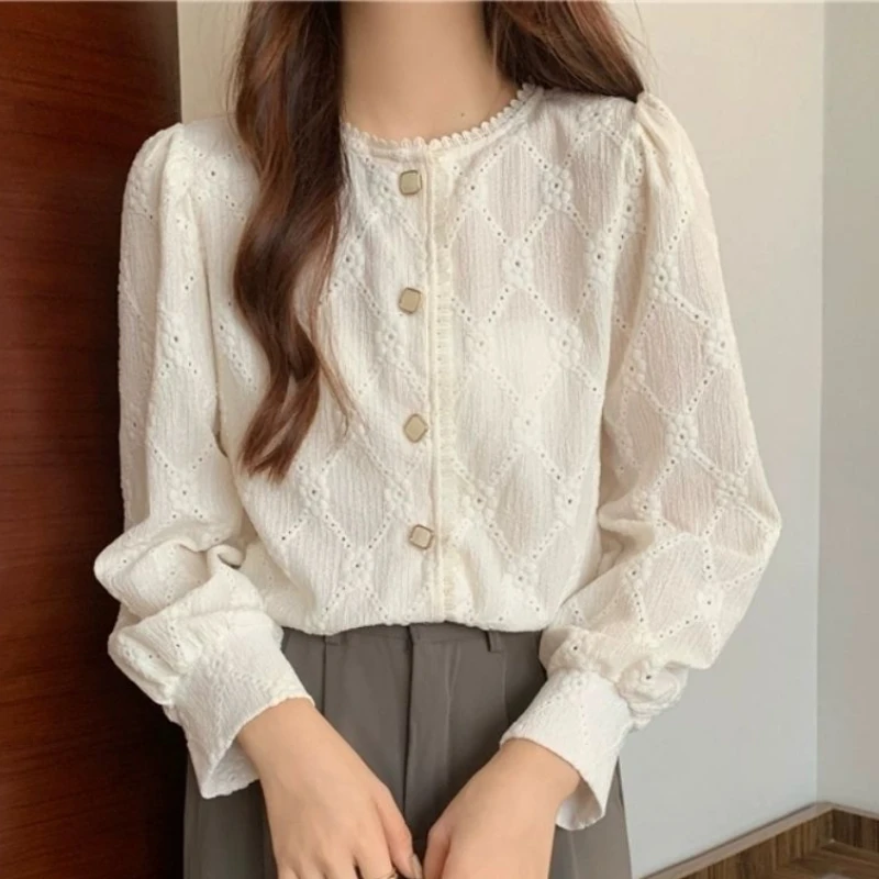 Shirts Women Vintage Elegant Lace Design Female Spring Casual O-neck Literary Trendy Korean Style Daily All-match Graceful Solid