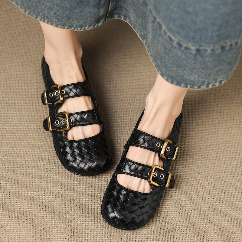 2025 new women's shoes woven cow belt buckle with round head, high height, low heel, flat bottom, shallow mouth large size shoes view 3