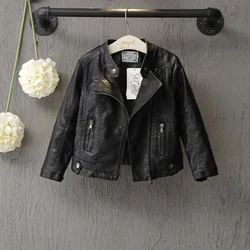 Fashion Boys Girls Leather Jacket Stand Collar Full Sleeve Zipper PU Coat Spring Autumn Black Outerwear Motorcycle Jacket