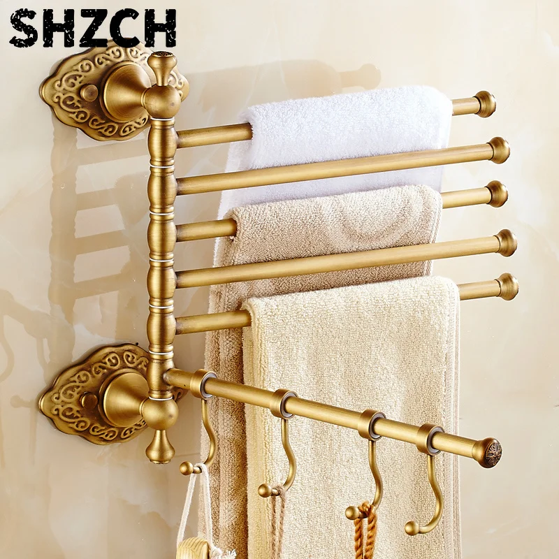 European Retro Thick All Copper Towel Pole Antique Rotating Movable Double Pole Towel Rack Light Luxury Multi Pole Towel Hanger,