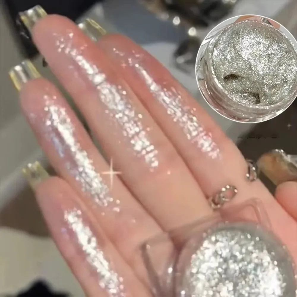 Srebrno-biały rozświetlacz w słoiczku, cień do powiek z brokatem, wodoodporny żelowy cień do powiek, długotrwały, błyszczący makijaż jedwabnika.